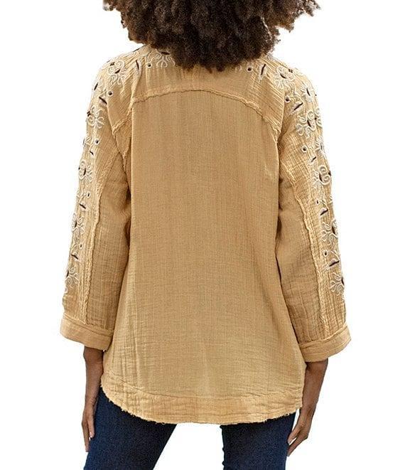 75813   Joan Vintage Inspired Floral Embroidered Long Sleeve Split V-Neck Raw High-Low Hem Boho Chic Tunic by Caite & Kyla Product Image