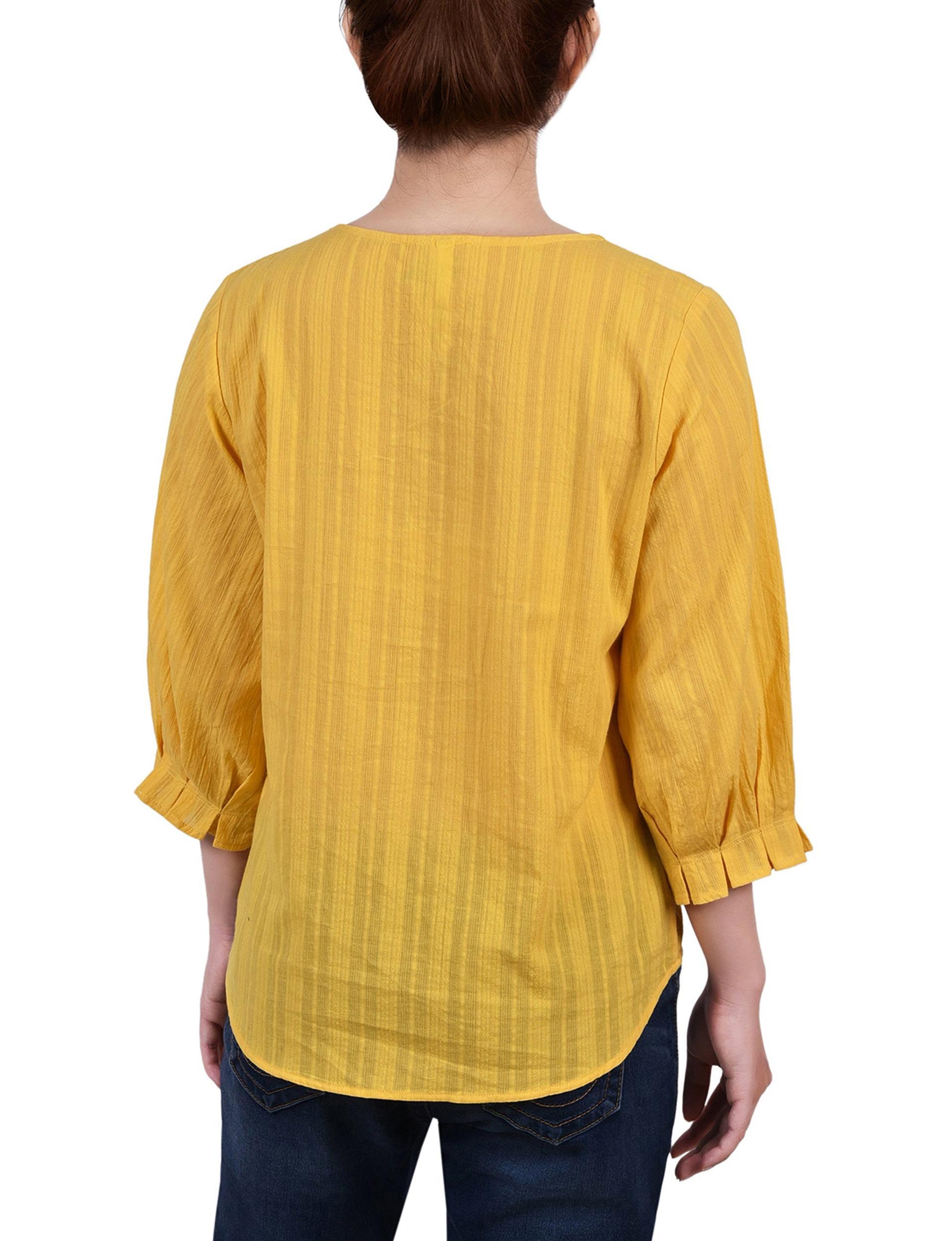 Yellow 3/4 Sleeve Button Placket Jacquard Blouse - Petite Product Image