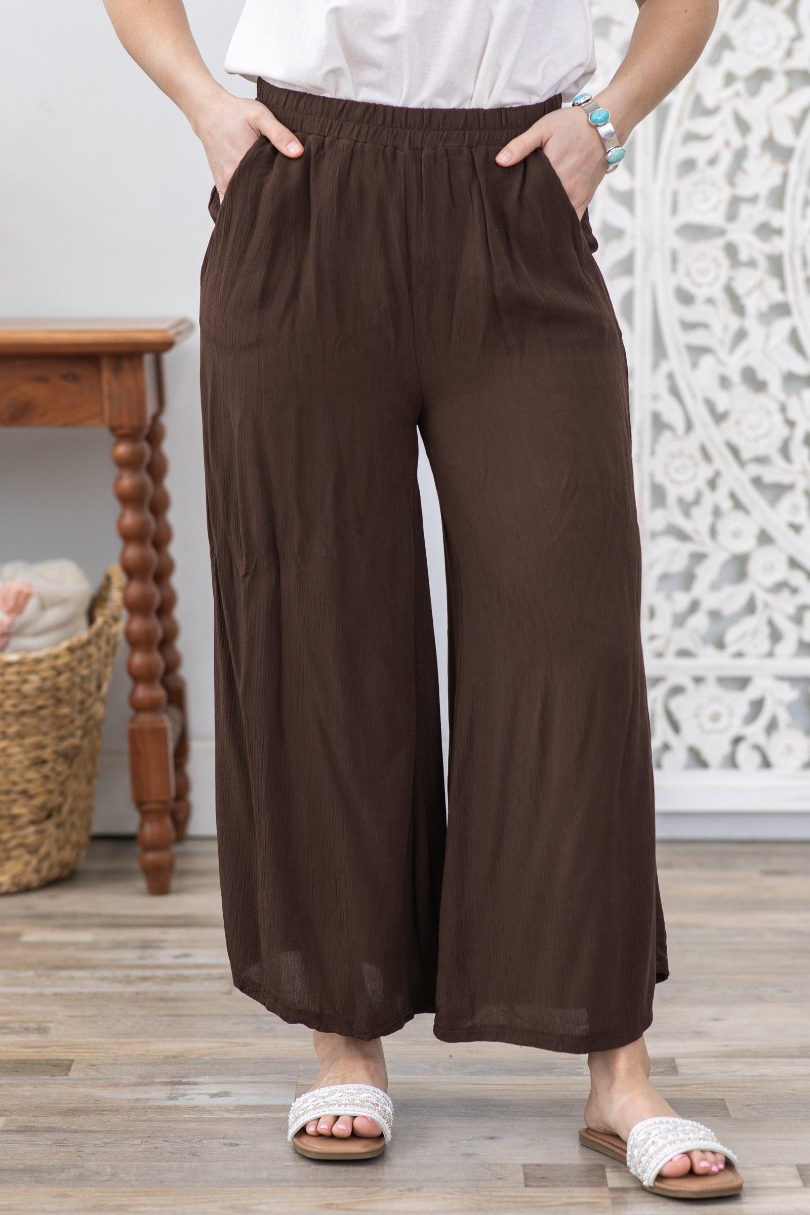 Brown Woven Crinkle Wide Leg Pants Product Image