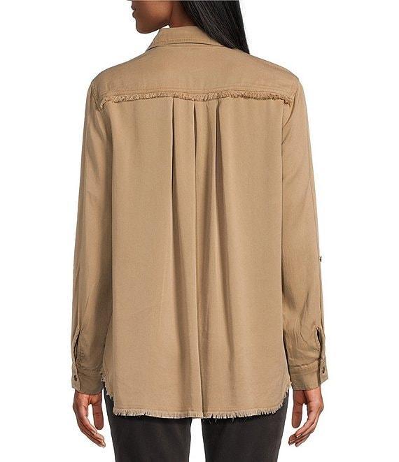 Multiples Lyocell Twill Point Collar Long Roll-Tab Sleeve Button-Front Fringed Shirt Product Image