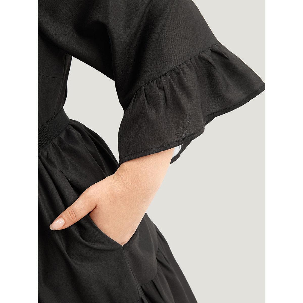 Plus Size Floral Print Ruffles Plicated Detail Dress Black Women Casual Printed Notched collar Elbow-length sleeve Curvy Midi Dress BloomChic 14-16/1X Product Image