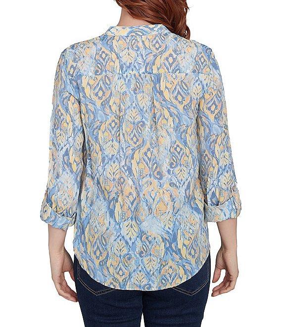 Ruby Rd. Woven Printed Band V-Neck 3/4 Roll-Tab Sleeve Pleated Top Product Image