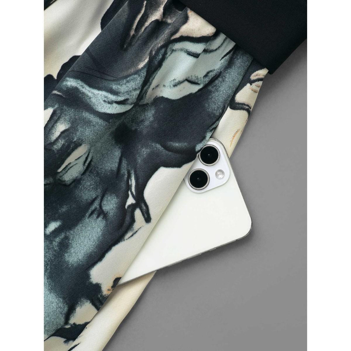 Plus Size Surplice Neck Marble Print Belted Dress Black Women At the Office Belted Overlap Collar Long Sleeve Curvy BloomChic 10/M Product Image