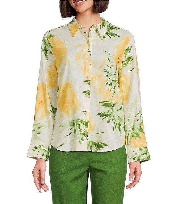 Investments Woven Pineapple Print Long Sleeve Point Collar Button Front Top Product Image