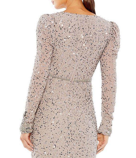 Mac Duggal Sequin Embellished Flounce Hem Surplice V-Neck Long Sleeve Midi Dress Product Image