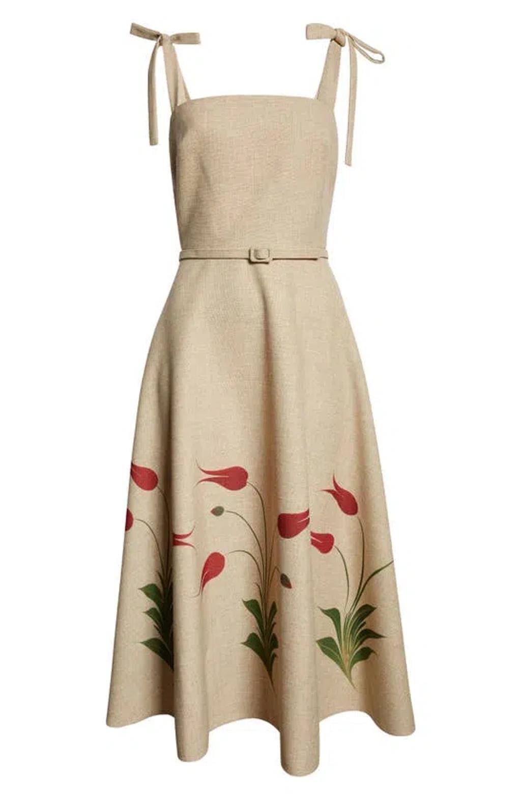 OSCAR DE LA RENTA Tulip-printed Canvas Midi Dress In Tan Product Image