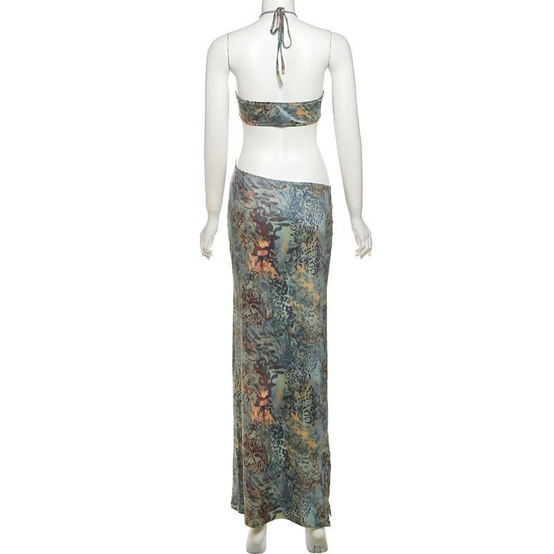 Halter Patterned Print Cutout Slit Maxi Sheath Dress Product Image