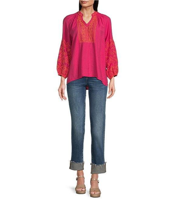 Calessa Embroidered Print Pattern Split V-Neck Long Sleeve Tunic Product Image