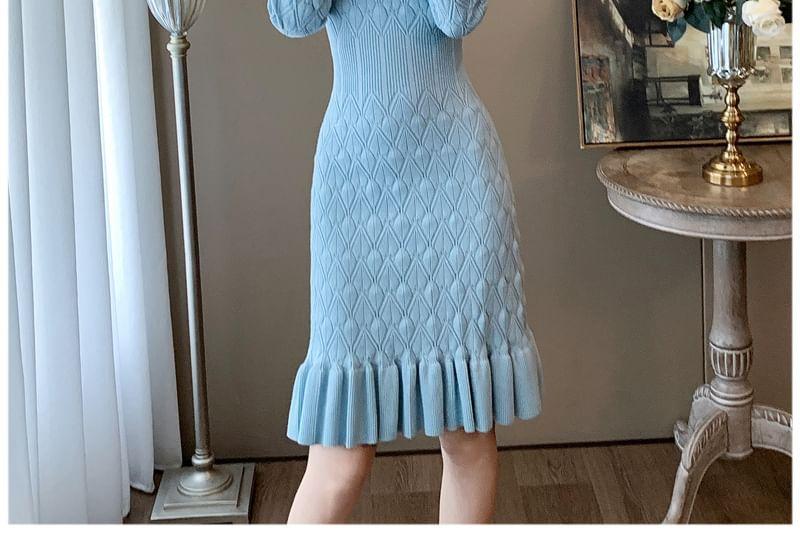 Long-Sleeve Notch Neck Plain Knit Mermaid Dress Product Image