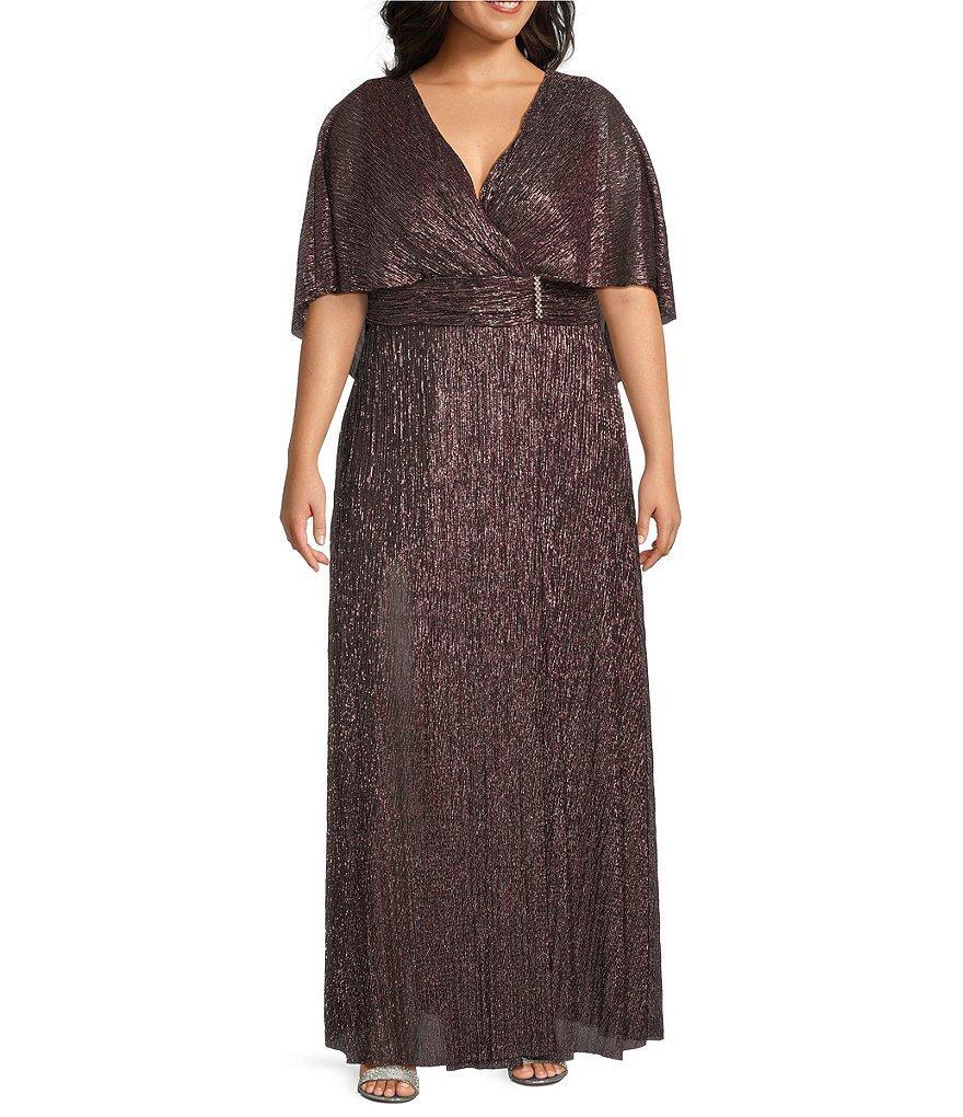 R & M Richards Plus Size Metallic Crinkle V-Neck Short Flutter Sleeve Ruched Waist Rhinestone Detail A-Line Dress Product Image