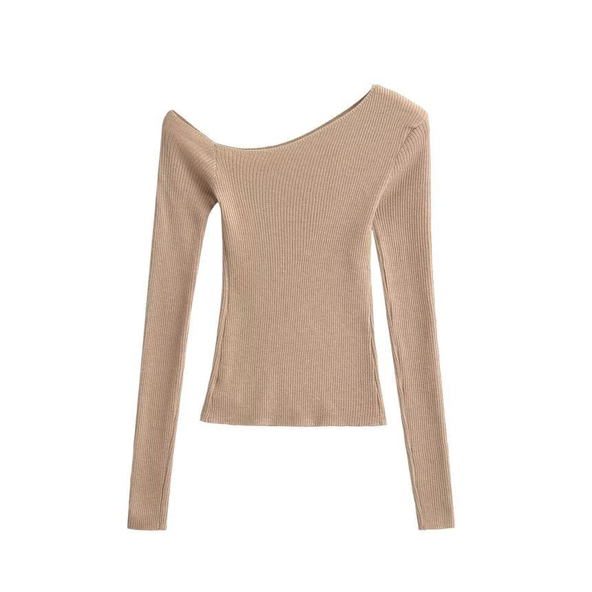 Long Sleeve One Shoulder Plain Ribbed Knit Top Product Image