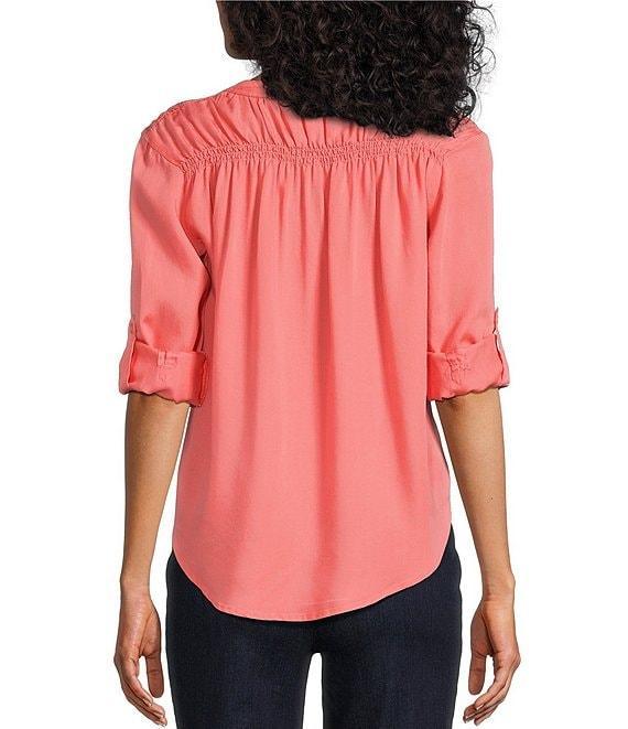 Intro Petite Size Lyocell Slub Long Roll-Tab Sleeve Shirred Popover Top Product Image