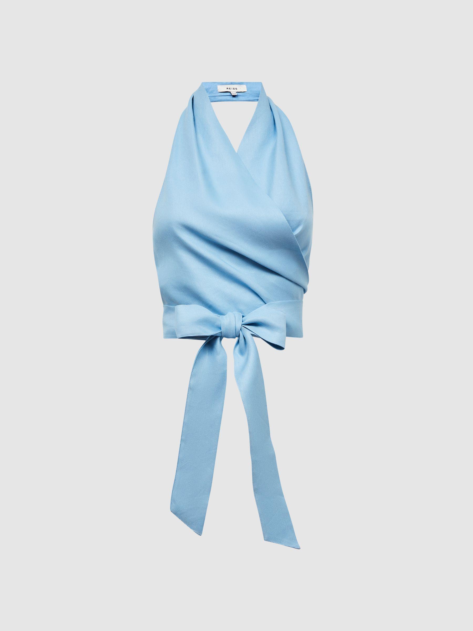 Halter Neck Linen Blend Crop Top in Blue Product Image