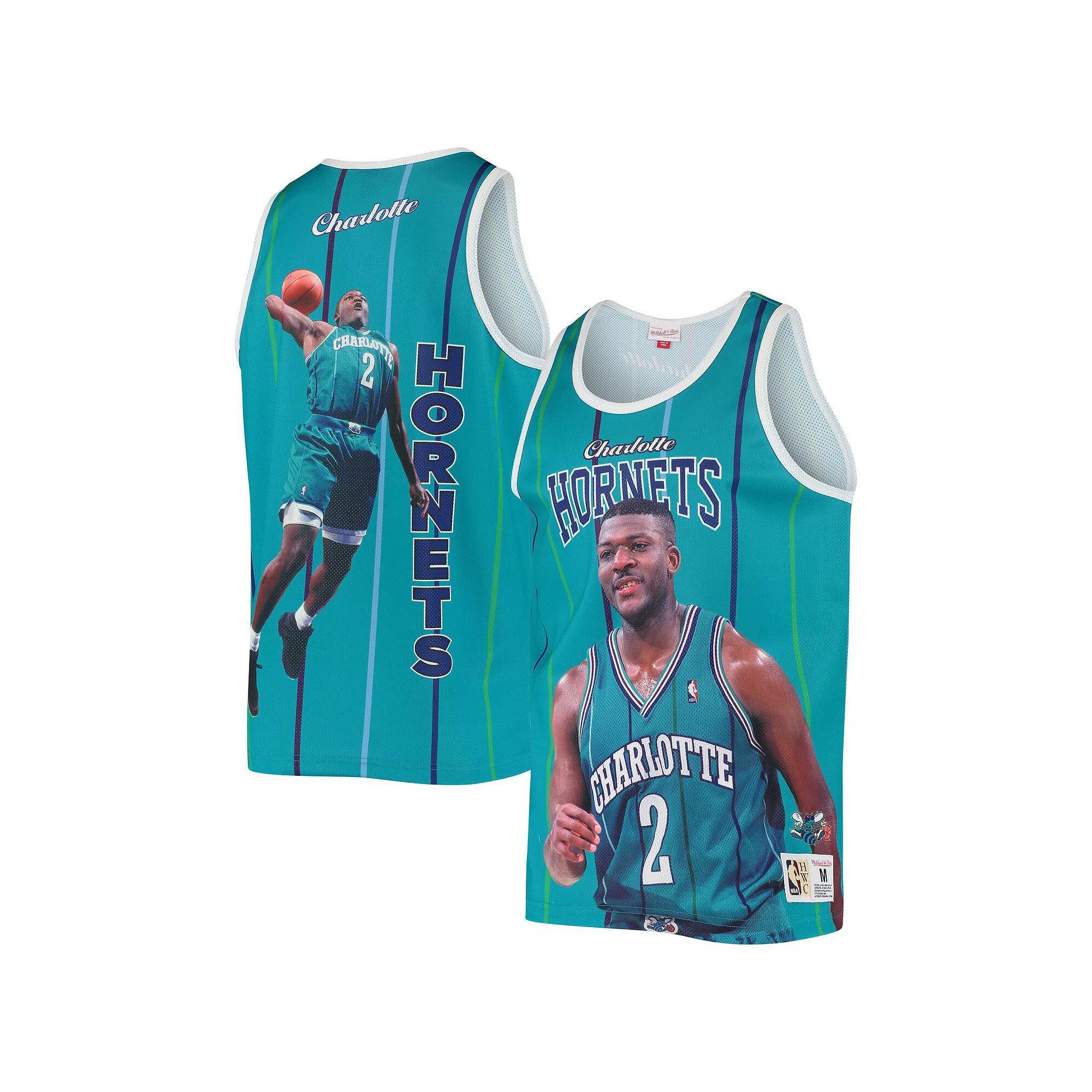 Men's Mitchell & Ness Larry Johnson Teal Charlotte Hornets Hardwood Classics Player Tank Top, Size: Medium, Chr Blue Product Image