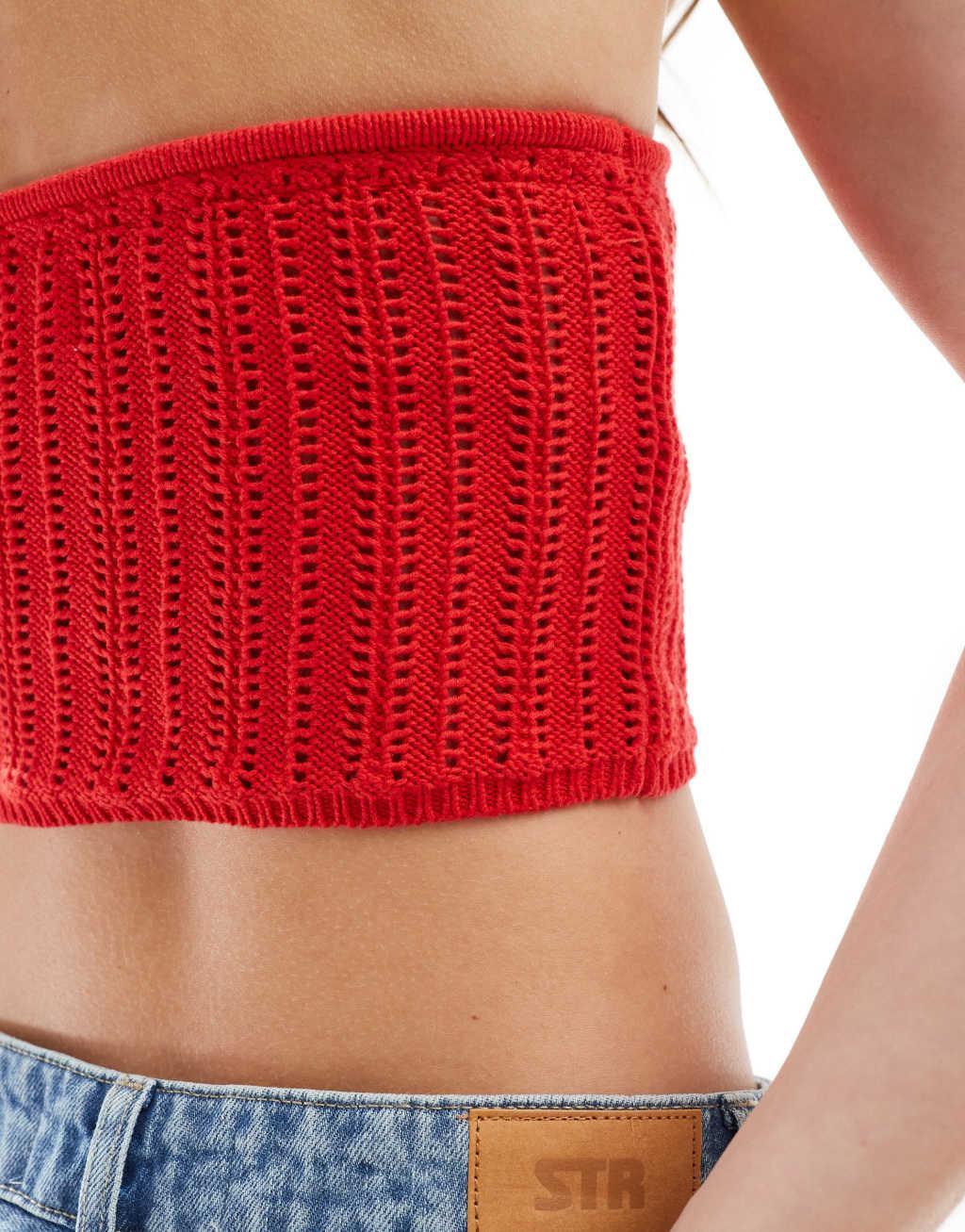 Cotton On halter neck crop top in red pointelle  Product Image