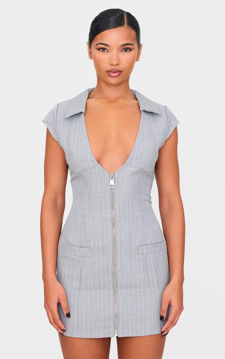 Grey Pinstripe Pocket Detail Zip Up Mini Dress Product Image