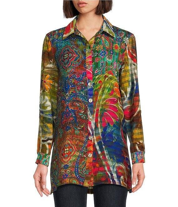 John Mark Paisley-Floral Printed Wire Collar 3/4 Sleeve Button-Front Tunic Product Image