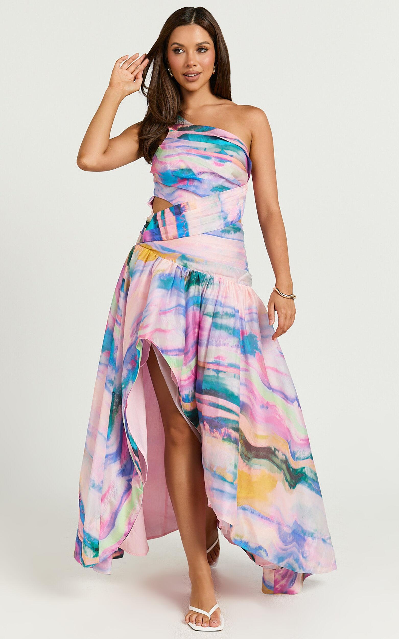 Amalie The Label - Keziah One Shoulder Asymmetric Midi Dress in Abstract Sunset Print Product Image