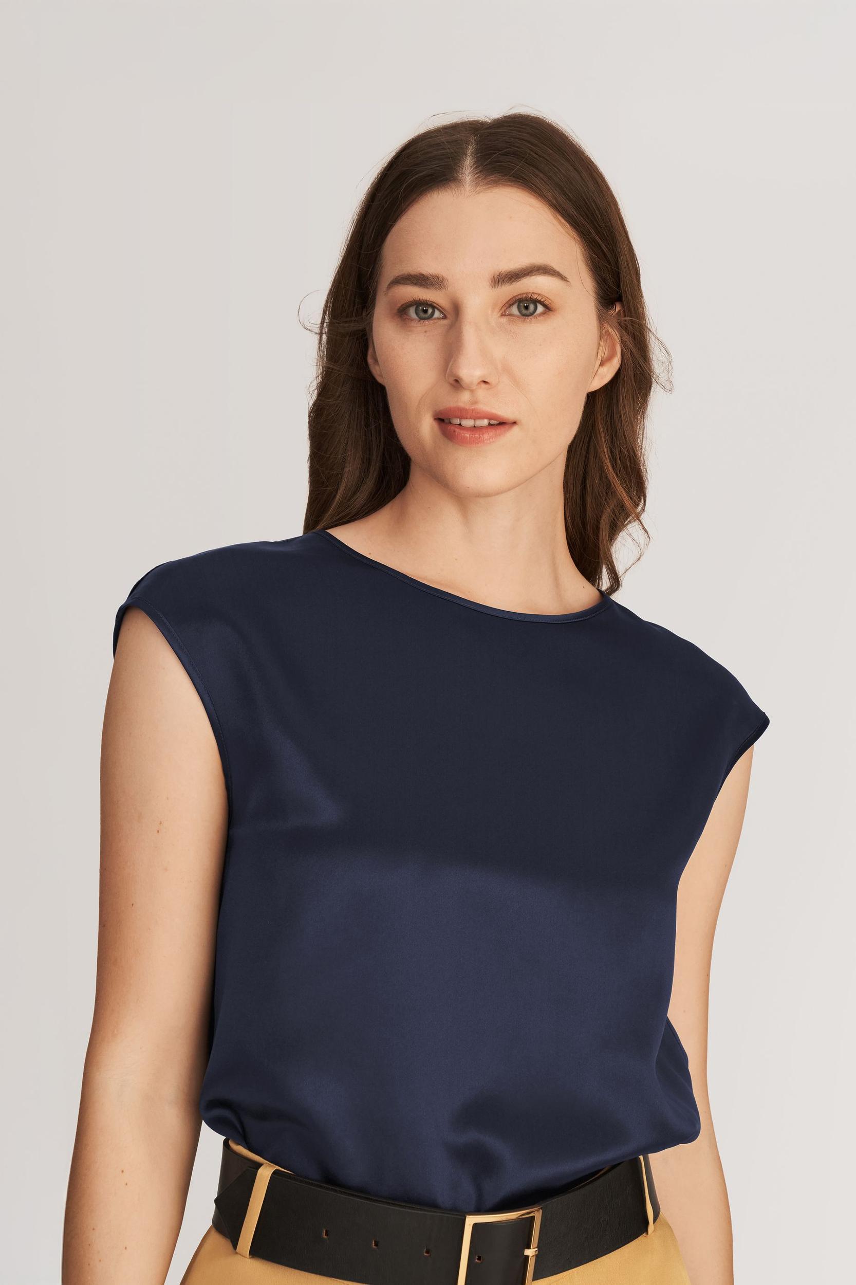 LILYSILK Silk T Shirt for Women Blue Natural Silk Smooth Basic Round Neck Free of Harmful Chemicals S Product Image