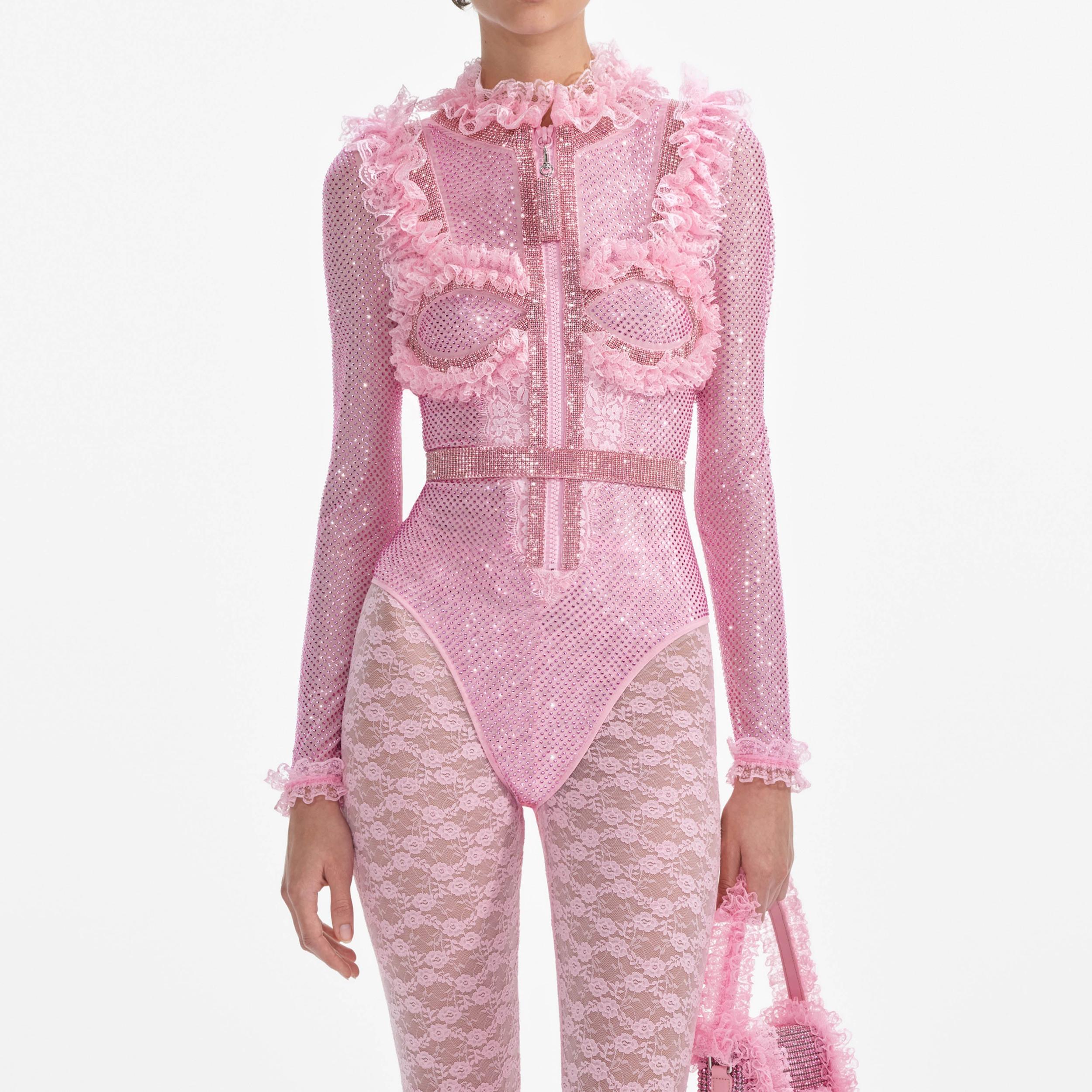 Pink Rhinestone Mesh Ruffle Bodysuit Product Image