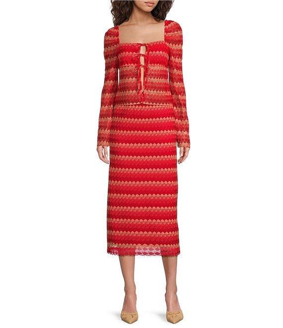 Chelsea & Violet Coordinating Ally Tie Front Square Neck Long Sleeve Chevron Print Crochet Blouse Product Image