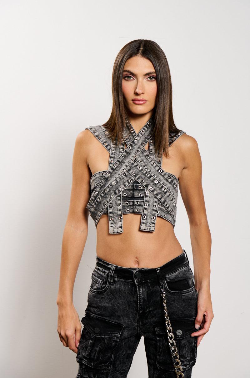 DONITA DENIM HALTER NECK CROP TOP Product Image