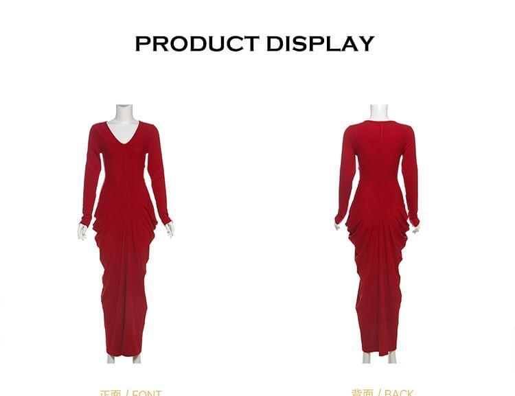 Long-Sleeve V-Neck Plain Ruched Maxi Sheath Dress Product Image