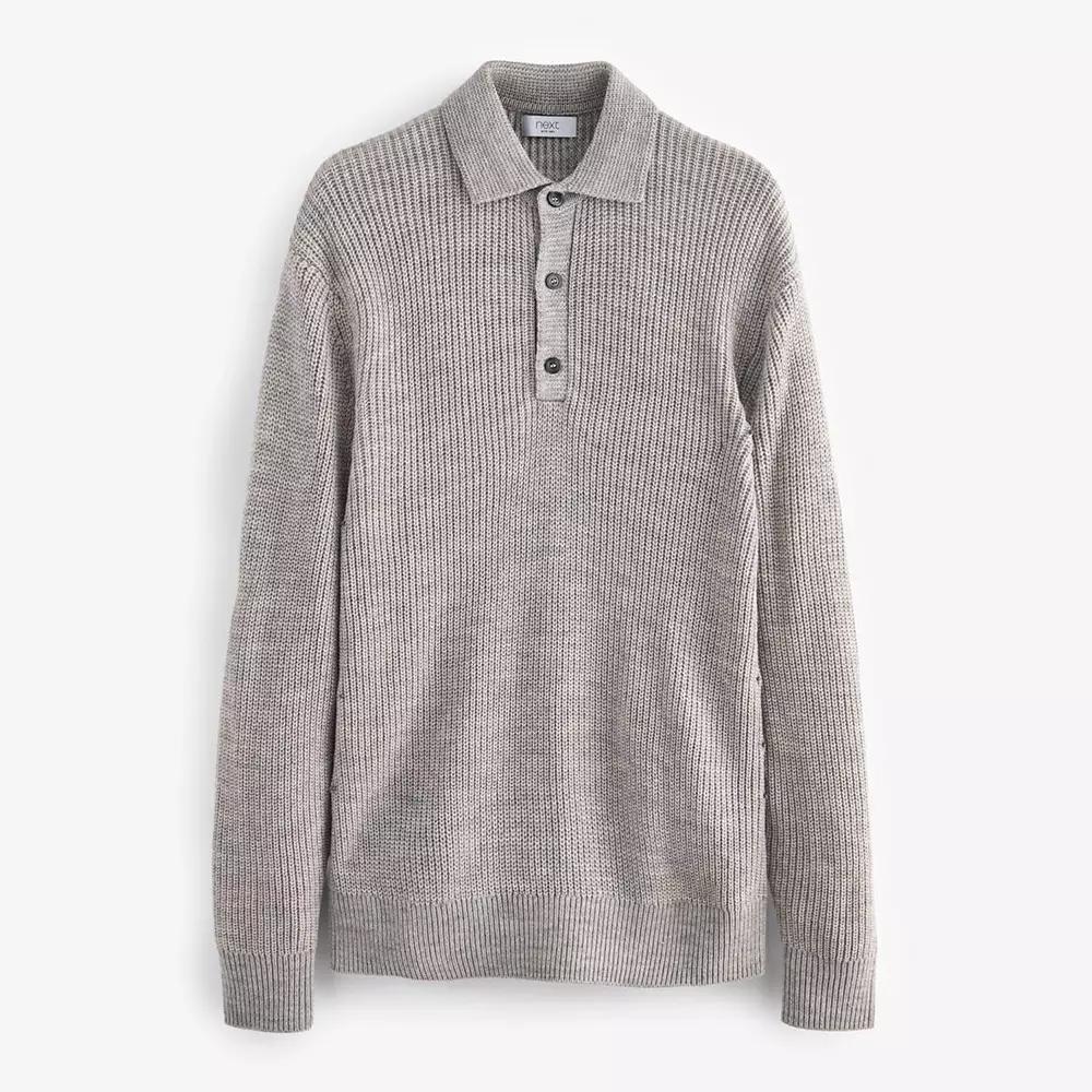 Men's NEXT Relaxed Knitted Wool Blend Long Sleeve Polo Sweater, Size: XL, Light Grey Product Image