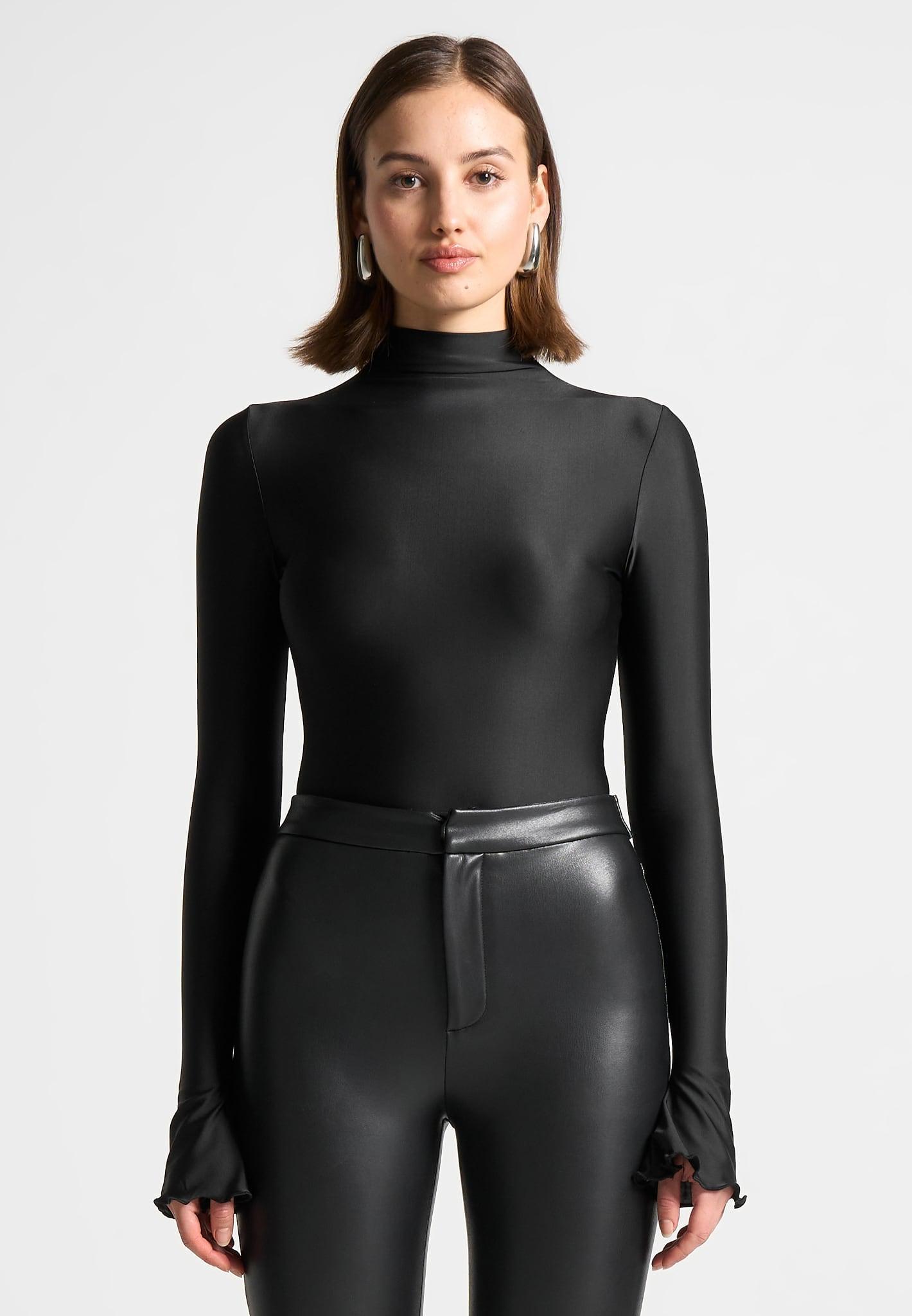 Ruffle Cuff Mock Neck Bodysuit - Black Female Product Image