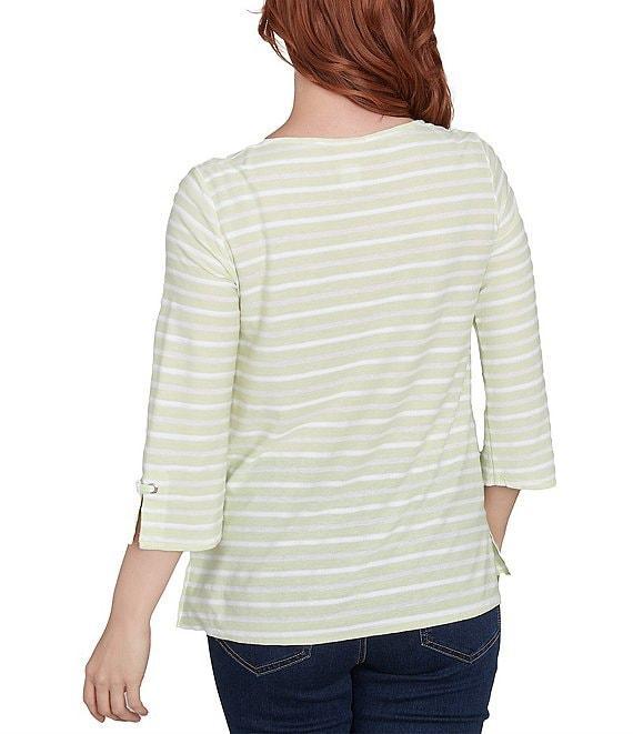 Ruby Rd. Ribbon Stripe Print Knit Square Button Trim Detail Neck 3/4 Bell Sleeve Top Product Image