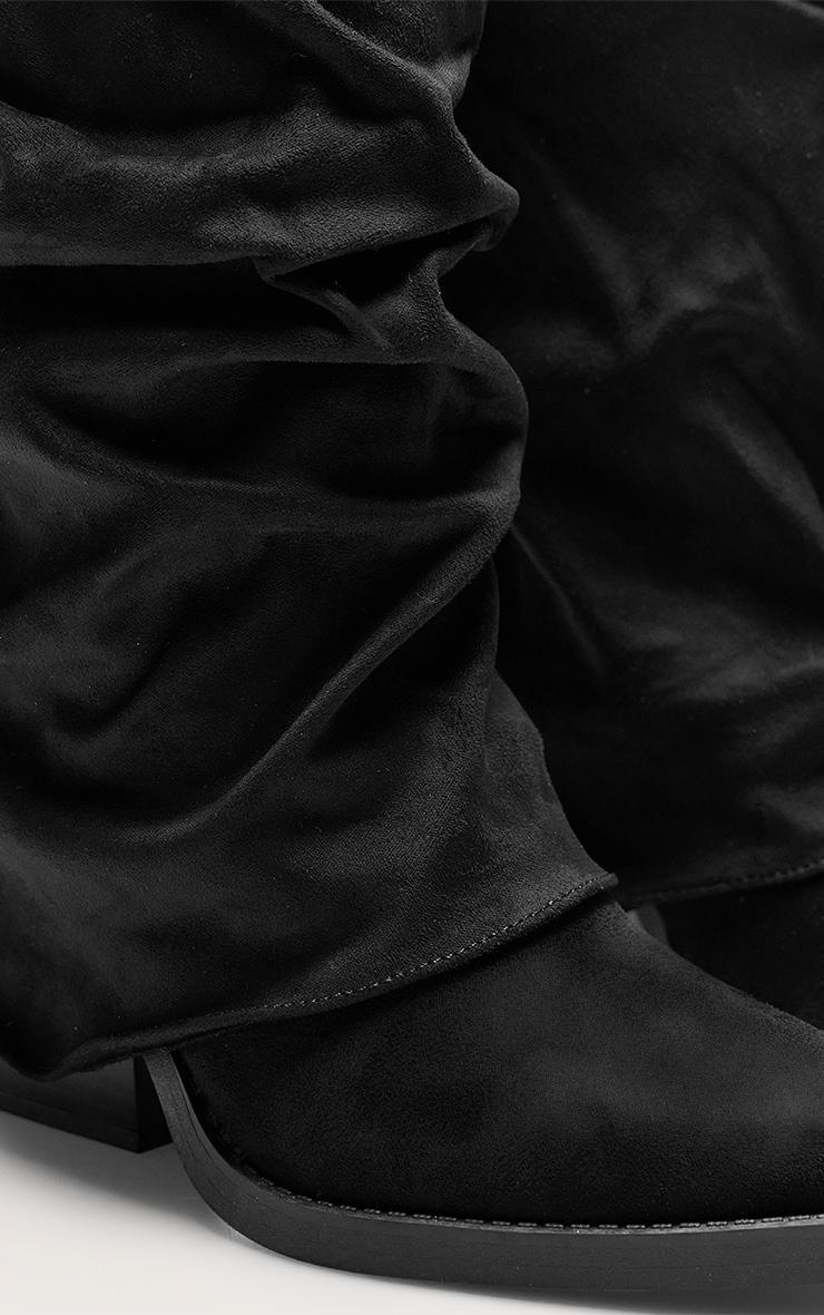 Black Faux Suede Point Toe Fold Over Block Heel Knee High Boots Product Image