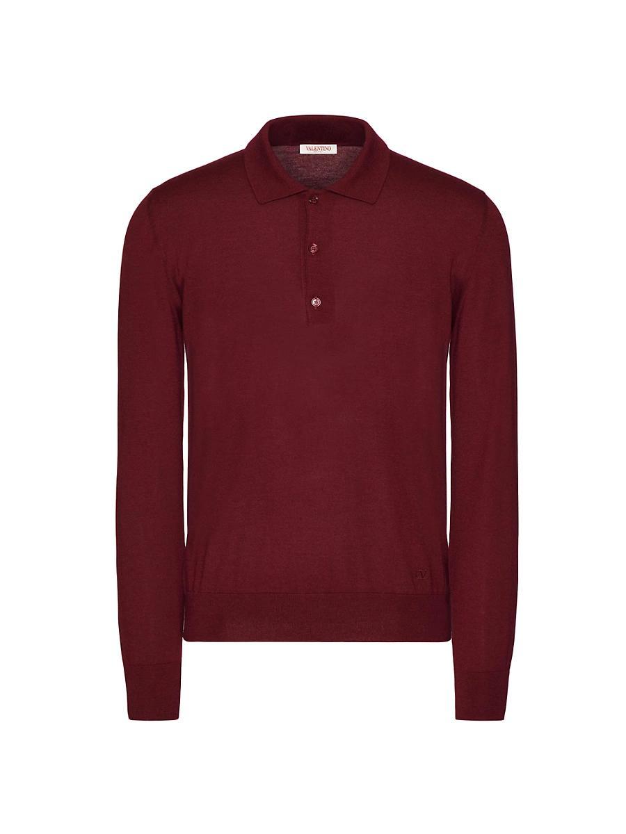 Mens Long Sleeve Cashmere & Silk Polo Shirt With V Logo Signature Embroidery Product Image