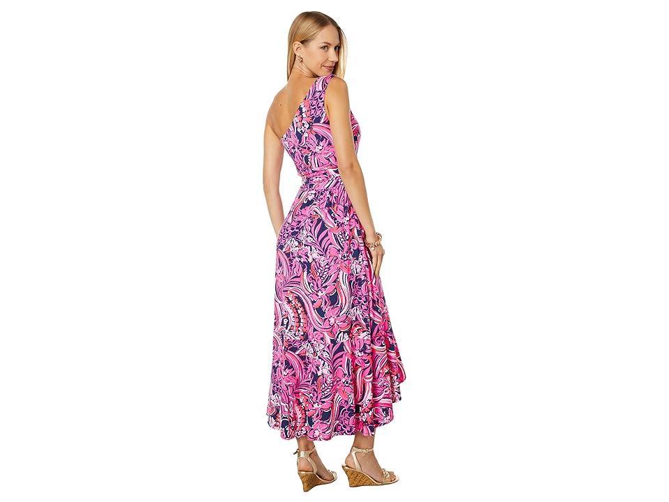 Lilly Pulitzer Monico One Shoulder Midi Dress (Low Tide Navy Flirty Fins and Feathers) Women's Clothing Product Image