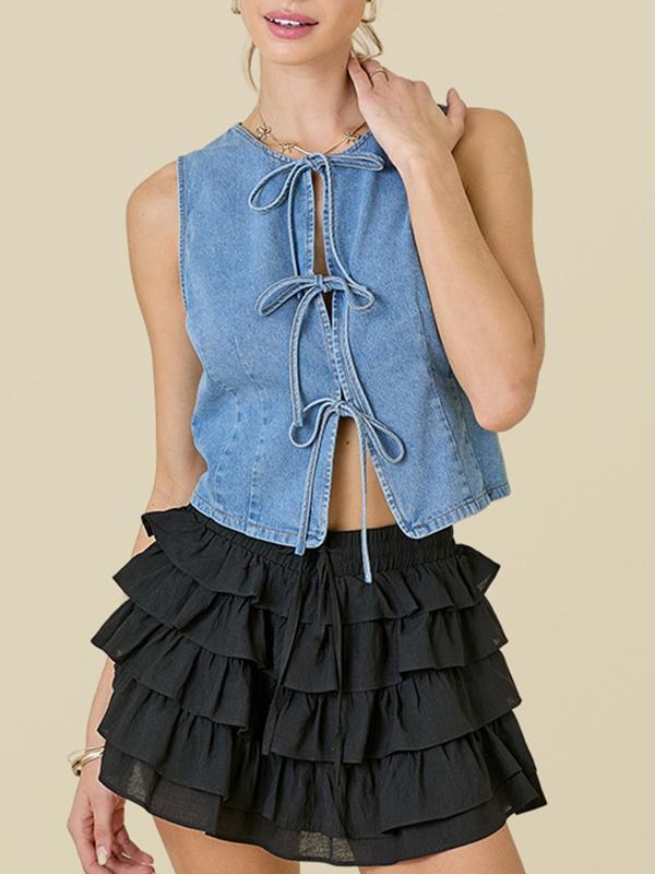 Loose Sleeveless Lace-Up Split-Joint Round-Neck Vest Top Product Image