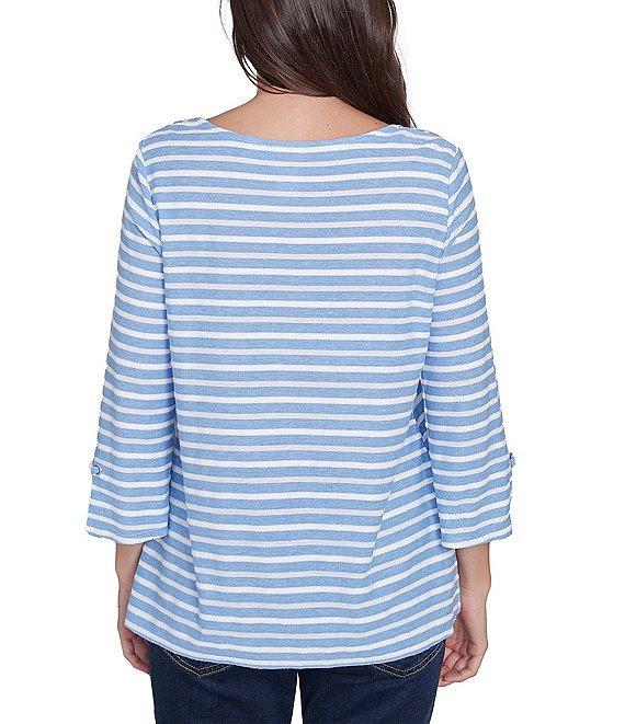 Ruby Rd. Ribbon Stripe Print Knit Square Button Trim Detail Neck 3/4 Bell Sleeve Top Product Image