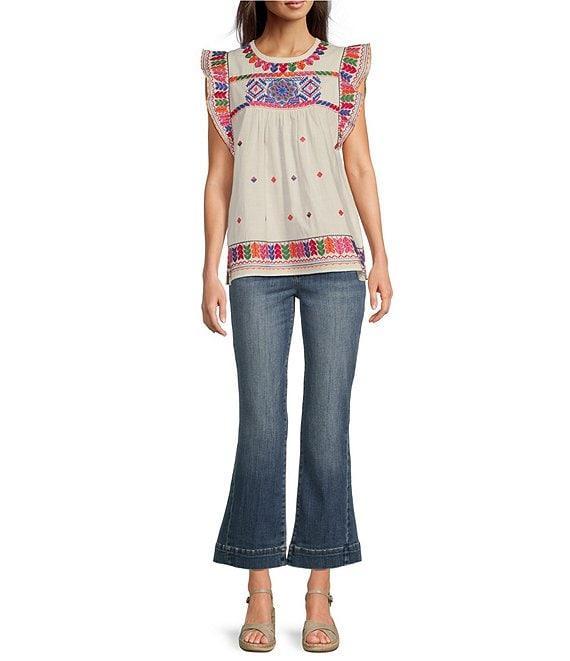 Calessa Embroidered Round Neck Ruffled Cap Sleeve Tunic Product Image