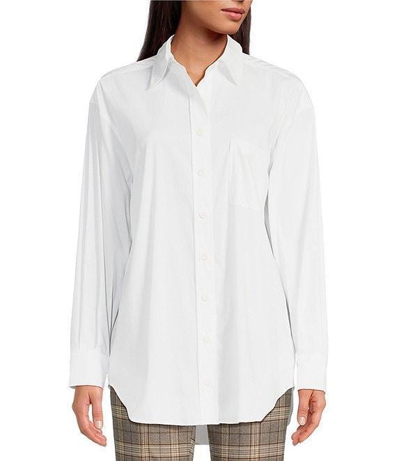Gianni Bini Prep Cotton Blend Point Collar Long Sleeve Button Front Blouse Product Image