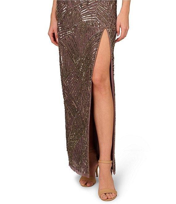 Aidan Mattox Beaded Mesh Halter Neck Sleeveless Front Slit Column Dress Product Image