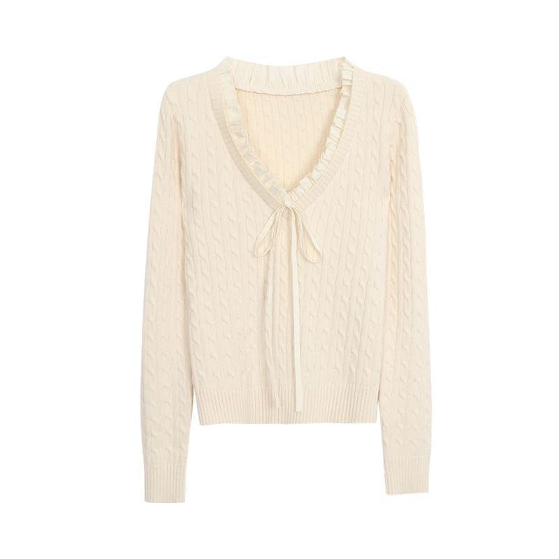 Long Sleeve V-Neck Ruffled-Trim Bow Accent Plain Cable-Knit Loose-Fit Top Product Image