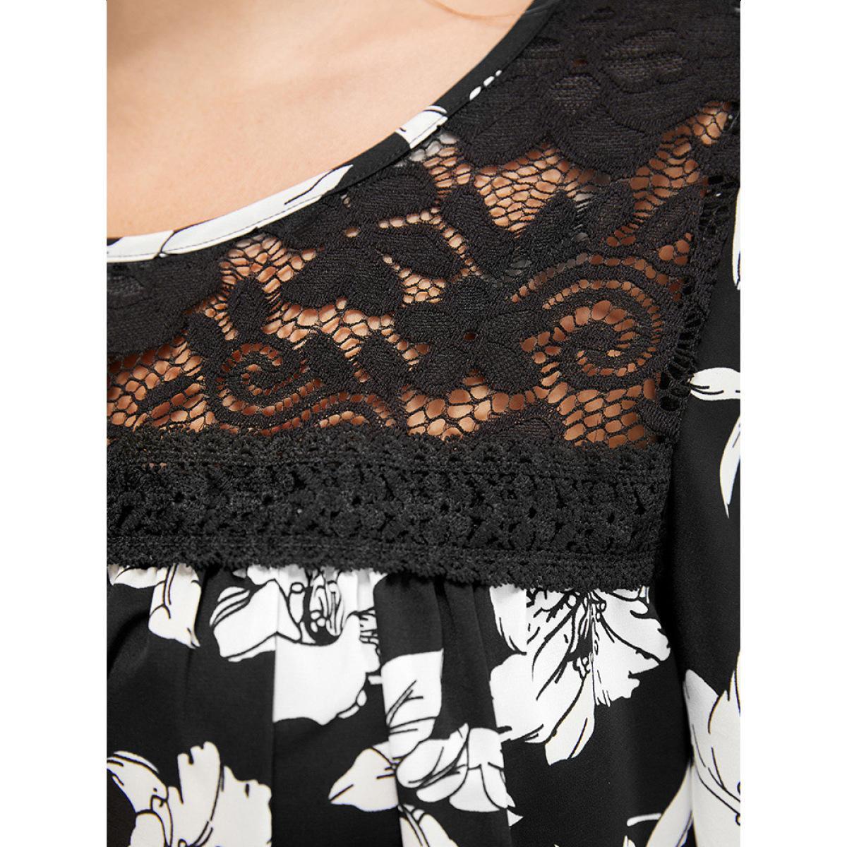Plus Size BlackFlower Floral Print Gathered Lace Patchwork Blouse Women Elegant Short sleeve Round Neck Dailywear Blouses BloomChic 14-16/1X Product Image