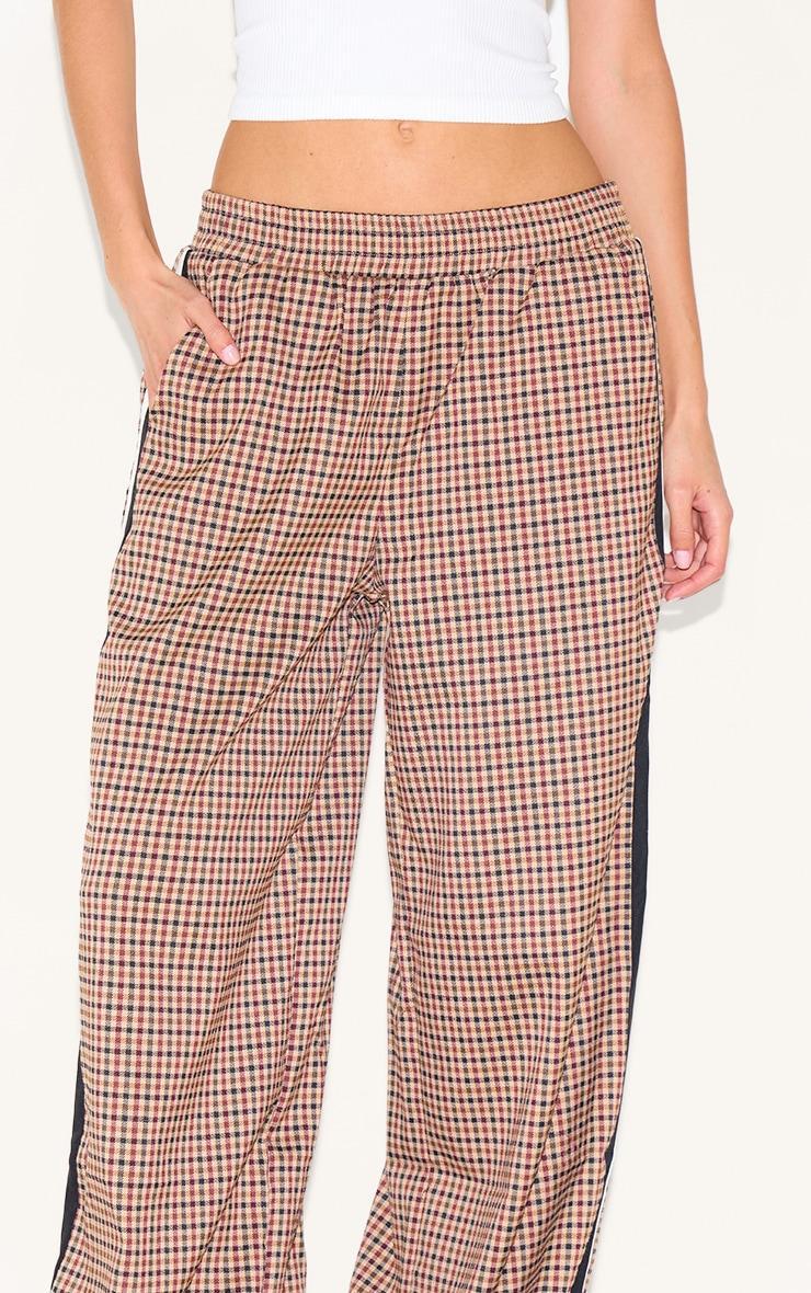 Brown Gingham Side Stripe Elasticated Waistband Straight Leg Pants Product Image