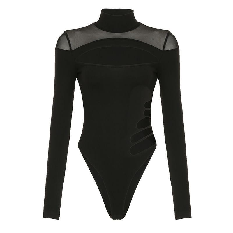 Long-Sleeve High Neck Paneled Mesh Panel Bodysuit Top Product Image