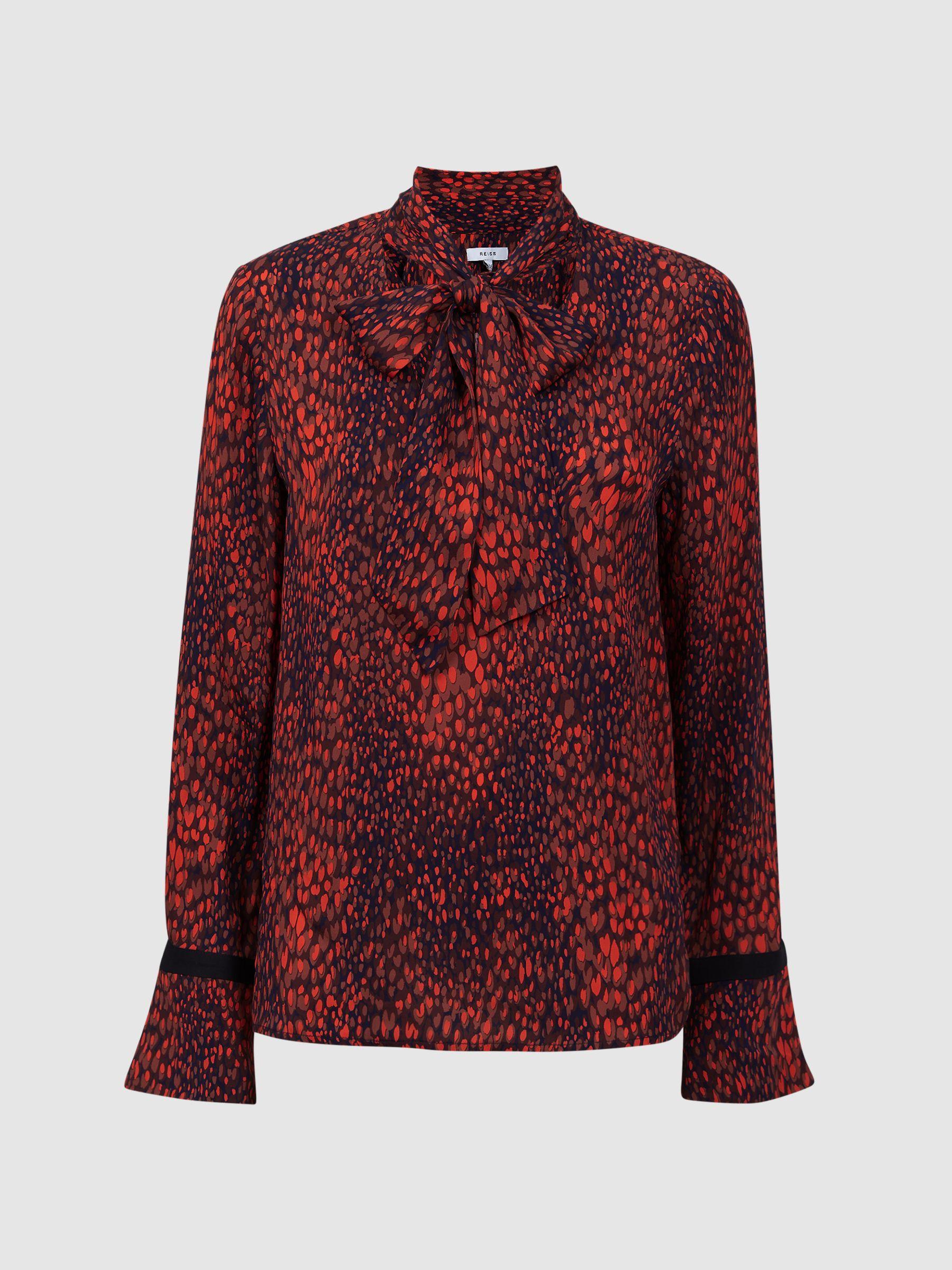 Animal Print Neck Tie Blouse in Red Product Image