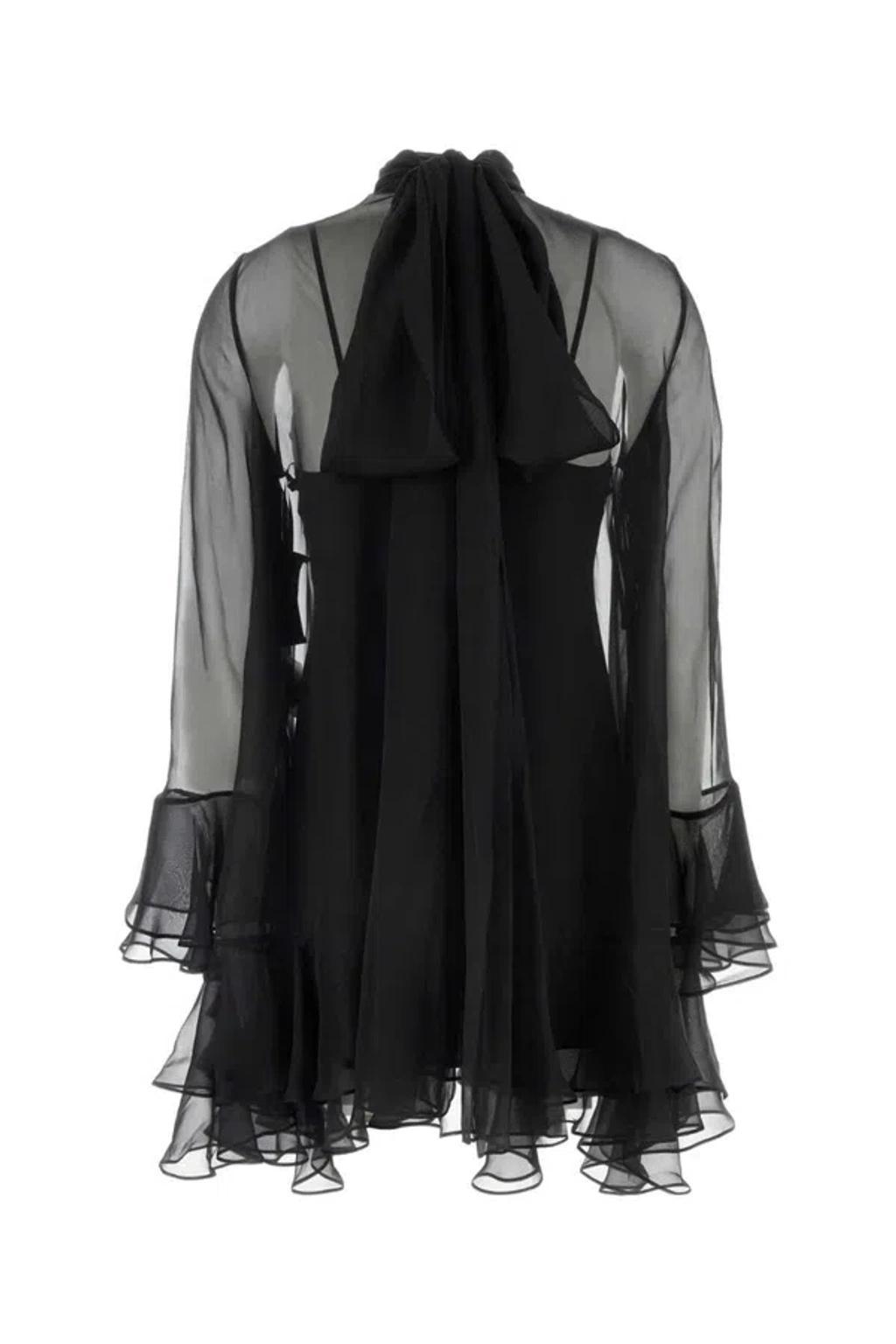 VALENTINO Chiffon Dress With Bow Detail And Ruffle Hem In Black Product Image