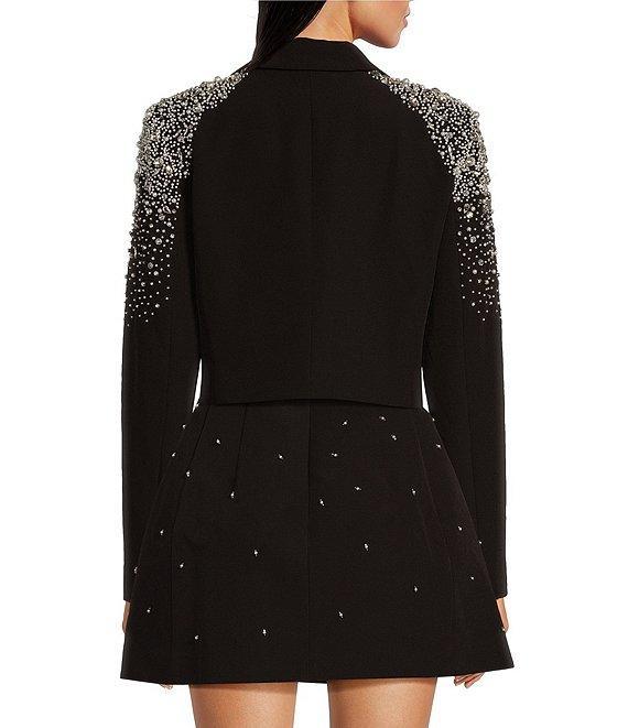 Muse by Marchesa Moonflower Crepe Jeweled Beaded Pearl Notch Lapel Long Sleeve Button Front Cropped Coordinating Blazer Product Image