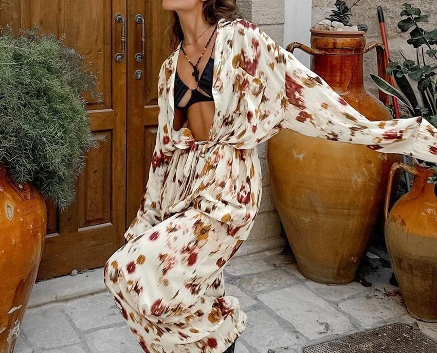 Set: Long-Sleeve Notch Lapel Tie Dye Tie Waist Button-Up Blouse + High Rise Wide Leg Pants Product Image