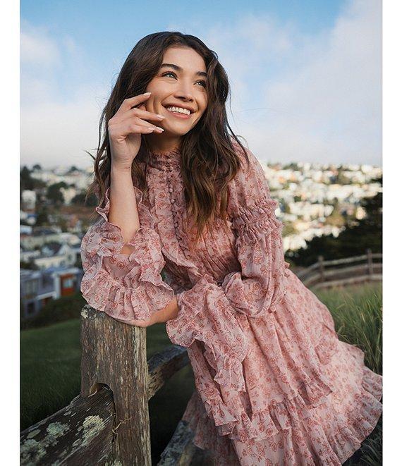 Mac Duggal Floral Print Chiffon Mock Neck Long Flare Sleeve Button Front Ruffle Tiered Mini Dress Product Image