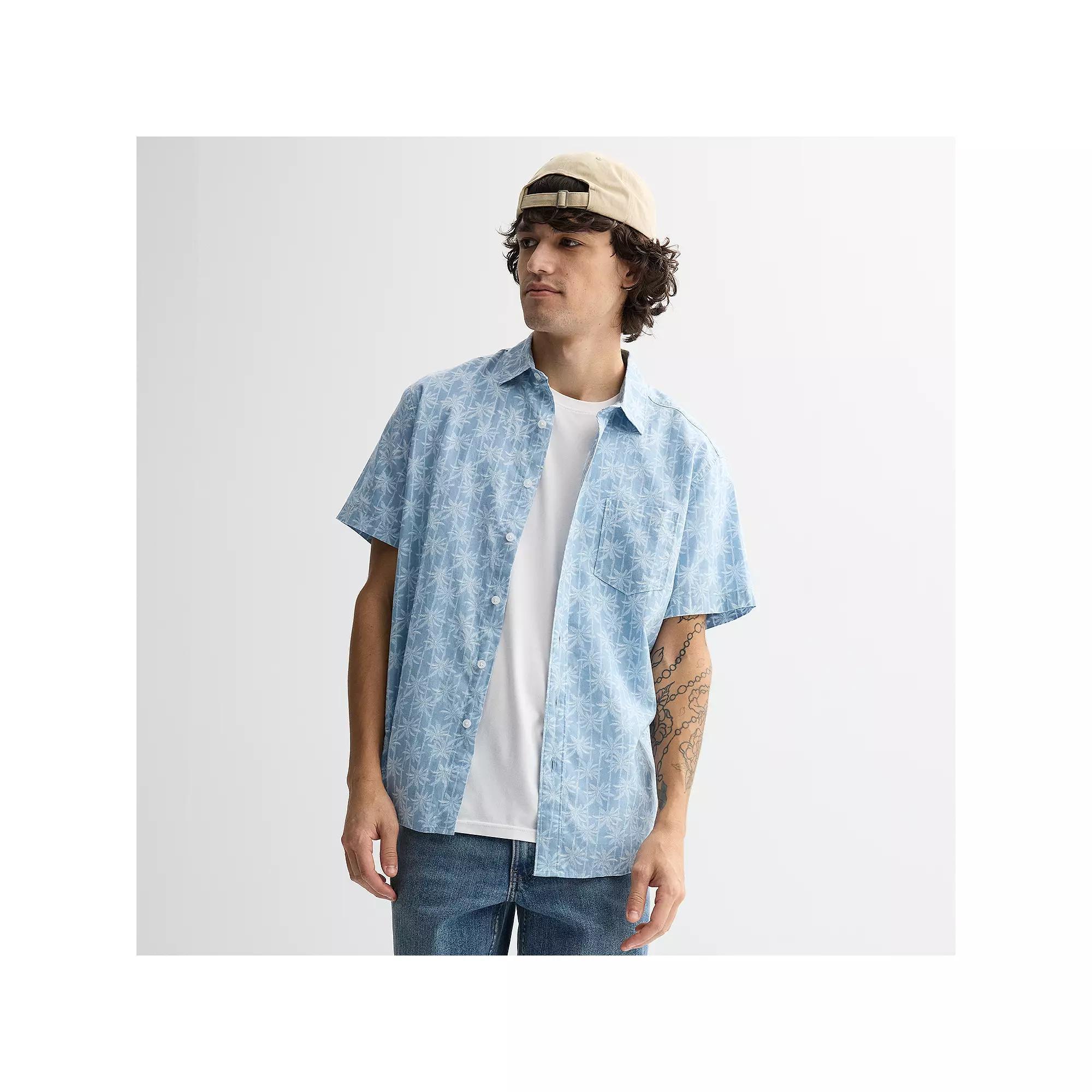 Men's Sonoma Goods For Life® Short Sleeve Perfect Length Linen Shirt, Size: Large, Lt Blue Tropic Palm Product Image
