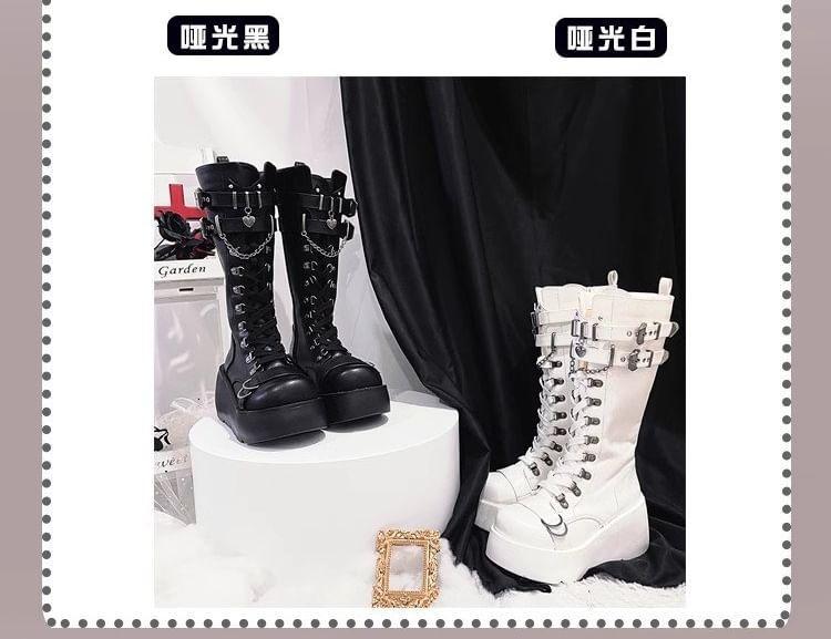 Platform Plain Lace Up Mid Calf Boots Product Image