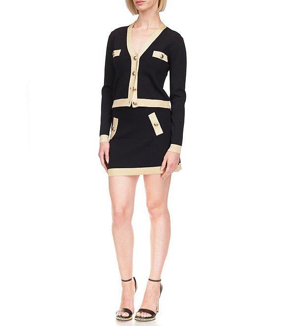 Michael Kors Metallic Trim V-Neck Long Sleeve Gold Button Cardigan Product Image